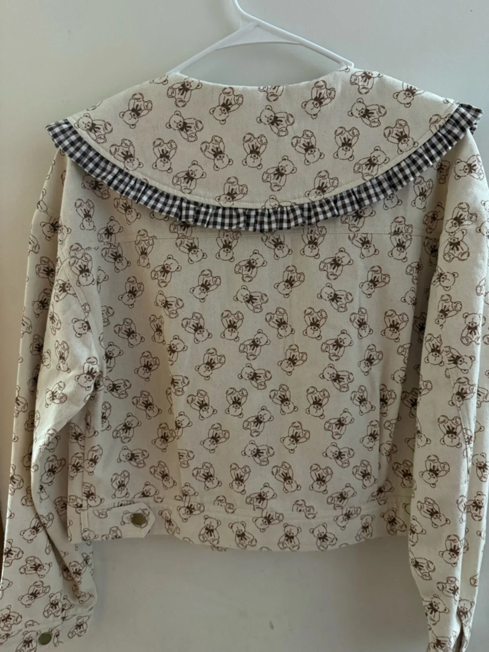 Rare raw Cream Teddy-Print Heart Pocket Jean Jacket - Picture 6 of 7